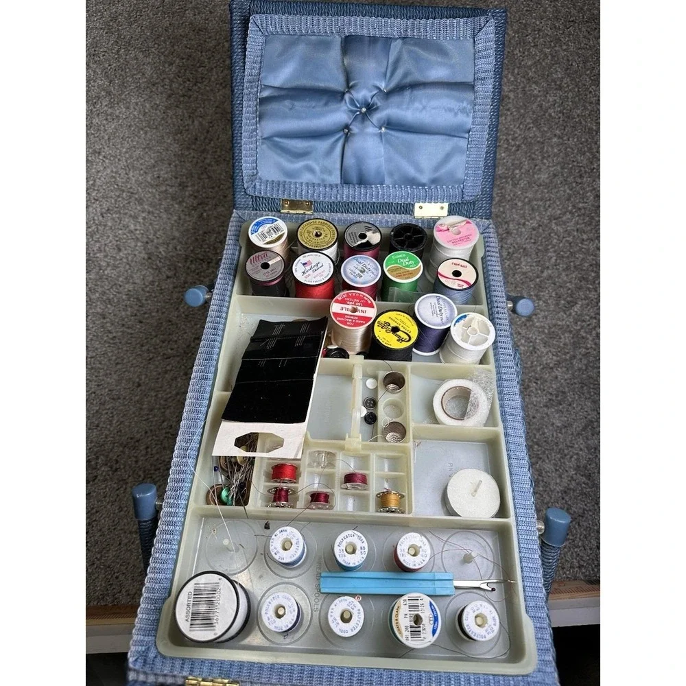 Vintage Sewing Basket Floral Blue Handles Organizer Kit w Supplies